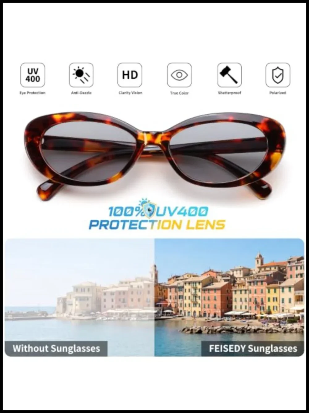 Retro Oval Cat Eye Sunglasses with UV400 Protection